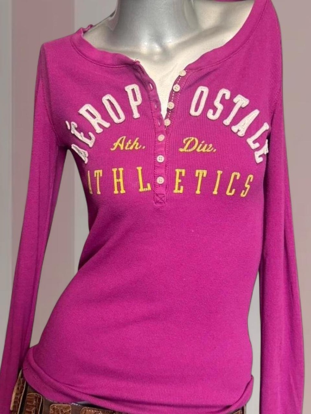 Aeropostale Y2K Long-Sleeve Henley Top - Magenta